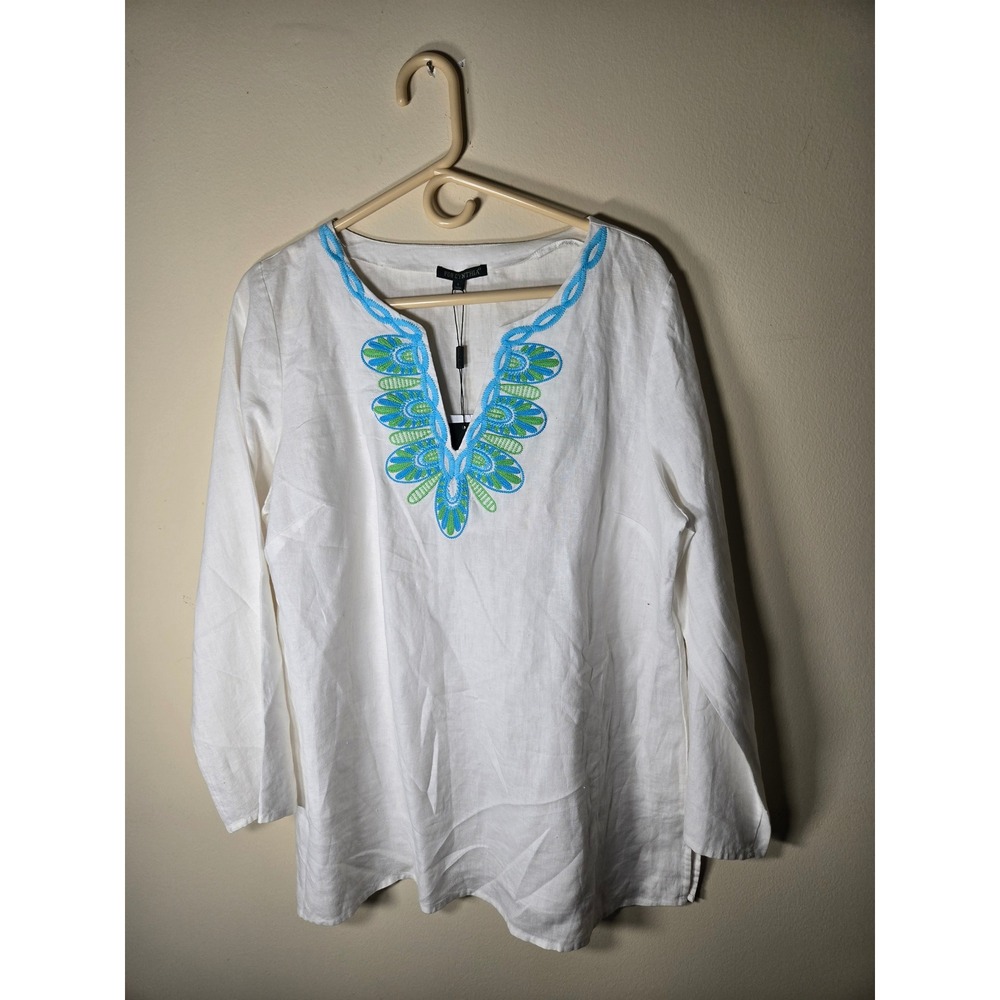 For Cynthia Linen Tunic Womens L White NWT Embroidered Split Neck Long Sleeve